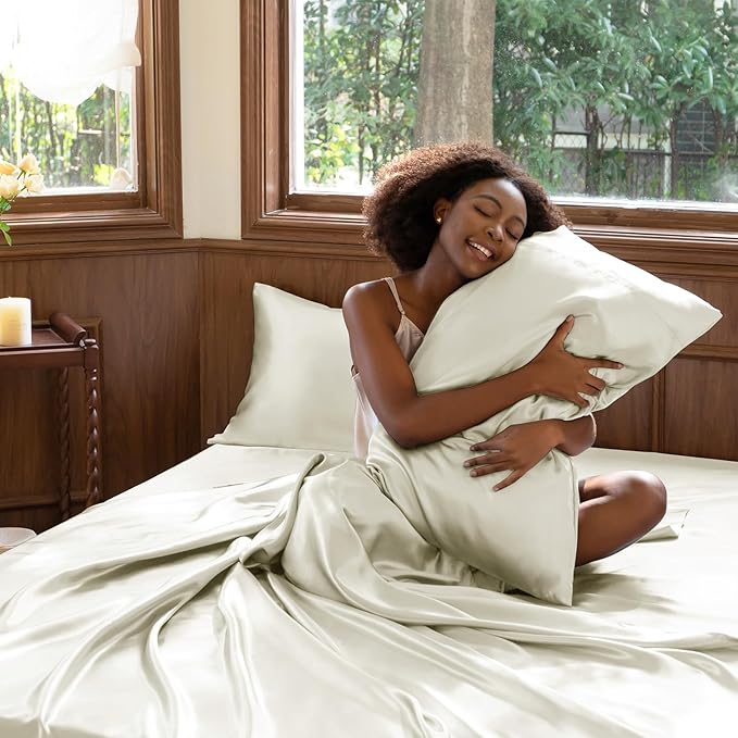 CozyLux Satin Sheets King Size Sheet Set - 4 Piece Silky King Sheets, Luxury Cream King Bed Set with Smooth and Soft Microfiber, Includes 1 Fitted Sheet, 1 Flat Sheet and 2 Pillowcases