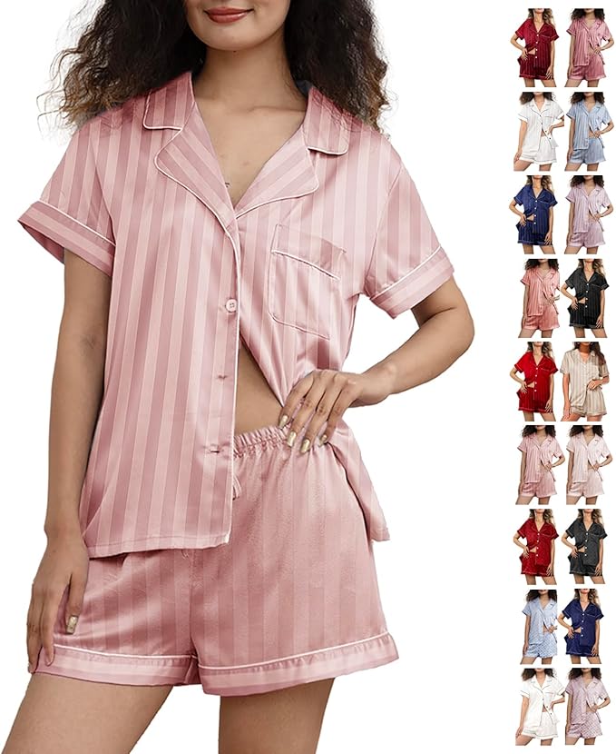 WJing Yi Jia Womens Silk Satin Pajamas Loungewear Two-Piece Sleepwear Button-Down Floral Pj Set XS-4XL