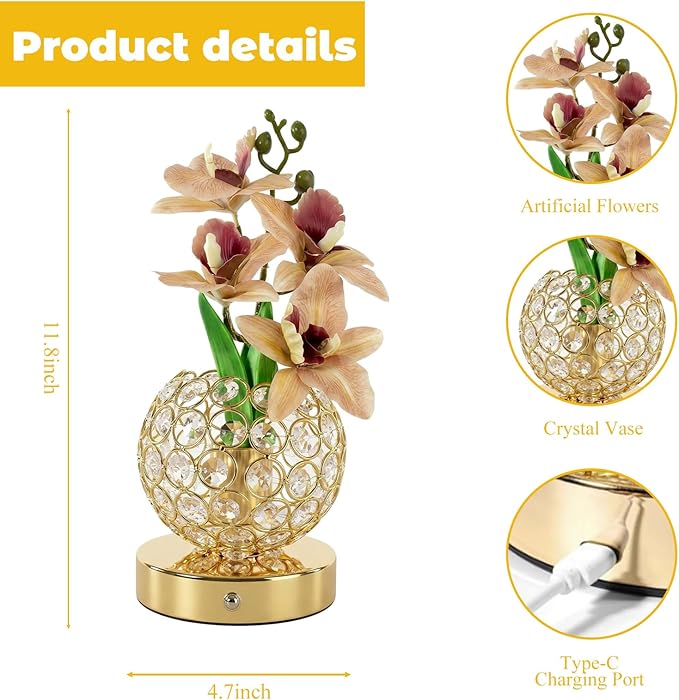 Flower Table Lamp, Orchid Flower with Crystal Vase Lamp, Cordless Touch Desk Light, 3 Colors Dimming & Rechargeable, Small Night Light for Bedroom Home, Romantic Gifts for Girl Women (White)