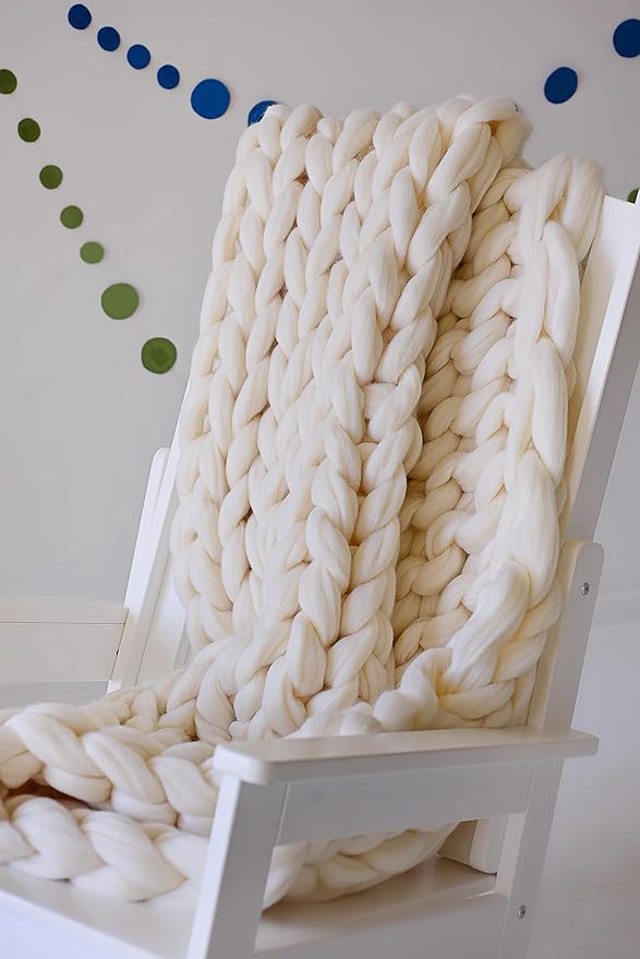Chunky Knit Blanket, Boho Throw Blanket for Couch, Throw Blanket Knit Bed Scarf, Knitted Blanket, Supernatural Blanket, Wool Blanket for Home Decor or Gifts (Vanilla, 54"x75")
