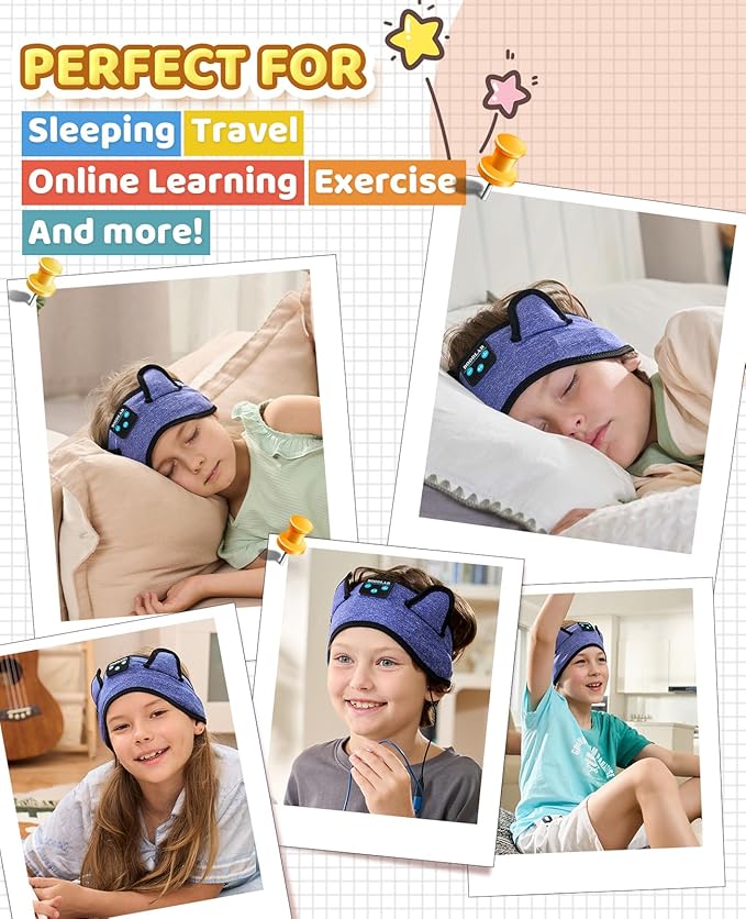 Kids 3-in-1 Headband Headphones-Wireless Bluetooth & Wired 3.5mm Jack, Ultra-Thin Speakers, Adjustable Fit for Toddlers, Safe Volume - Ideal for School/Travel/Sleep/Home, Gift for Boy& Girl