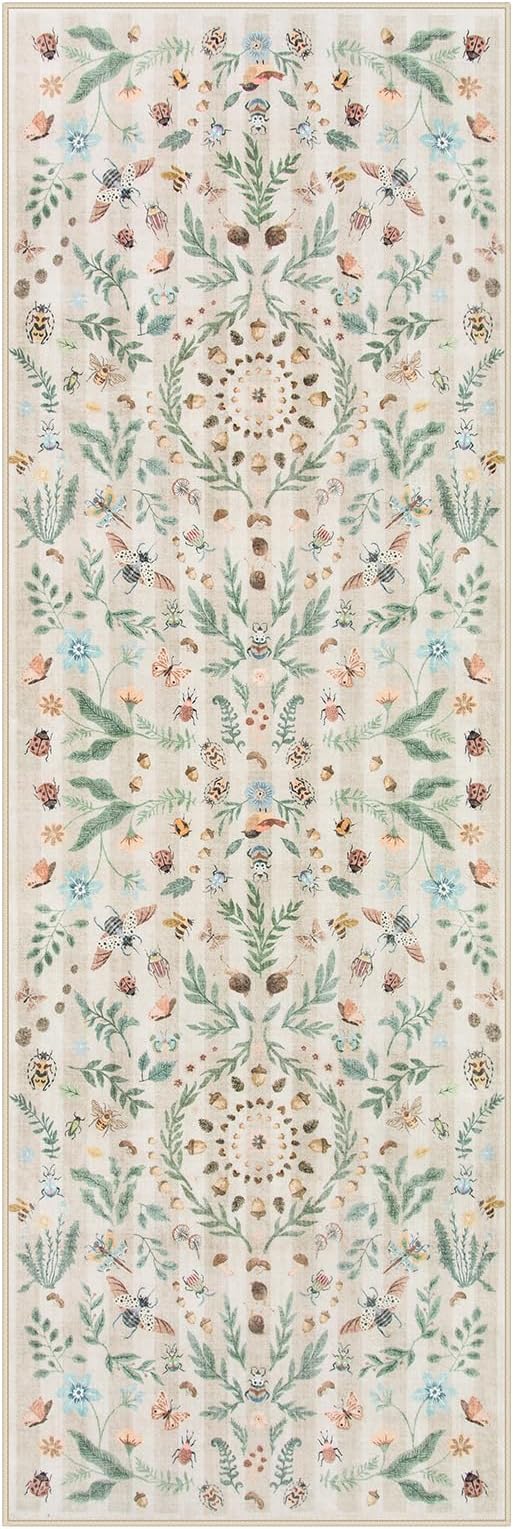 Lahome Chloe Insect Botanical Bathroom Runner Rugs Non Slip Washable,Carpet Runners for Hallways 6ft,Floral Kitchen Runner Rugs Non Skid,Soft Indoor Runners for Entryway Laundry Bedroom(Beige,2x6)