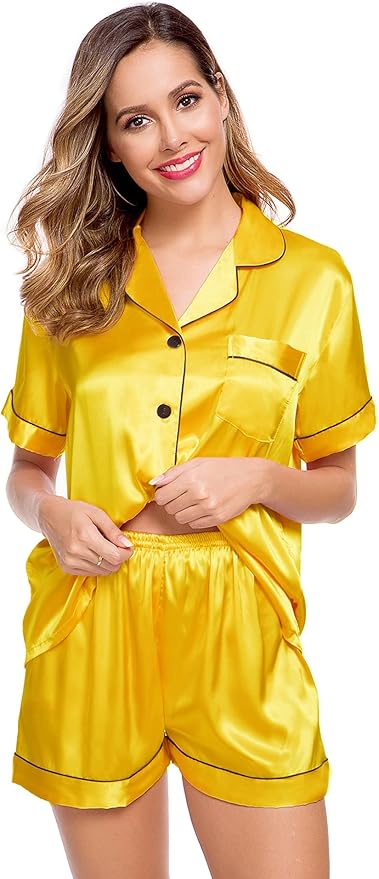 LecGee Womens Silk Satin Pajamas Short Sleeve Loungewear Two-Piece Sleepwear Button-Down Pj Set