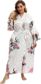 Women's Floral Long Satin Robes Plus Size Long Silk Robes Peacock Floral Kimonos Sleepwear Dressing Gown