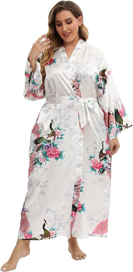 Women's Floral Long Satin Robes Plus Size Long Silk Robes Peacock Floral Kimonos Sleepwear Dressing Gown