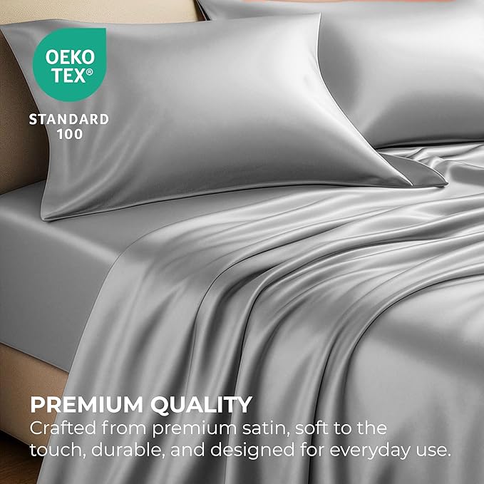 Satin Sheets Full [4-Piece, Grey] Hotel Luxury Silky Bed Sheets - Extra Soft 1800 Microfiber Sheet Set, Wrinkle, Fade, Stain Resistant - Deep Pocket Fitted Sheet, Flat Sheet, Pillow Cases