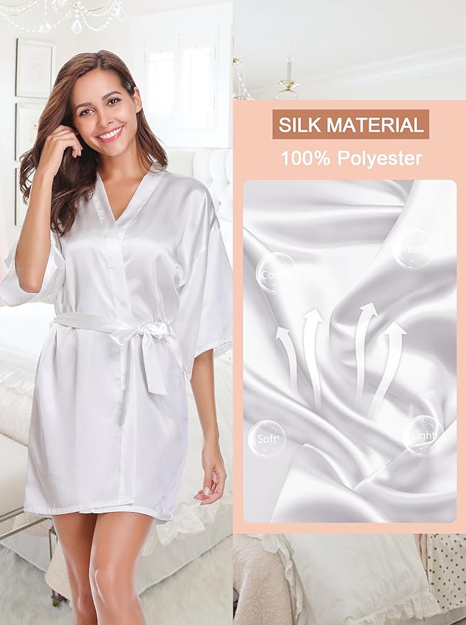 Women's Short Satin Robe Silky Bathrobes Bridal Bridesmaid Kimono Robe V-Neck Sleepwear S-XXL