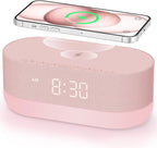 HOUSBAY Sound Machine with Alarm Clock for Bedrooms, Dual Speakers, 21 HiFi Sounds, 10W Wireless Charger, Unlimited Sound, Bluetooth, 10 Night Light, White Noise Machine for Sleeping, Pink