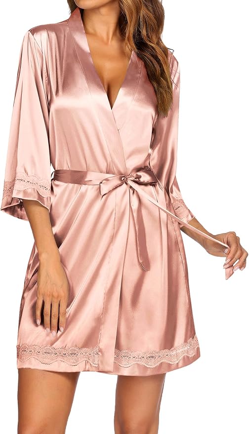 Ekouaer Women's Lace-Trim Silk Robes Bride Bridesmaid Kimono Satin Bathrobe V Neck Sleepwear with 3/4 Sleeve