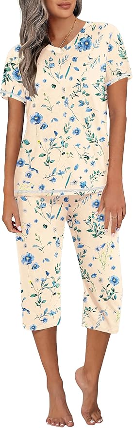 Ekouaer Women's Sleepwear Capri Pajama Sets Short Sleeve Two-Piece Pjs V Neck Tops & Capri Pants with Pockets S-3XL
