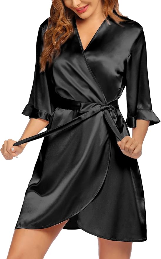 Ekouaer Women's Satin Robe Valentines Lingerie for Women Kimono Bathrobe Short Ruffle Belted Robes Bridesmaids Sleepwear