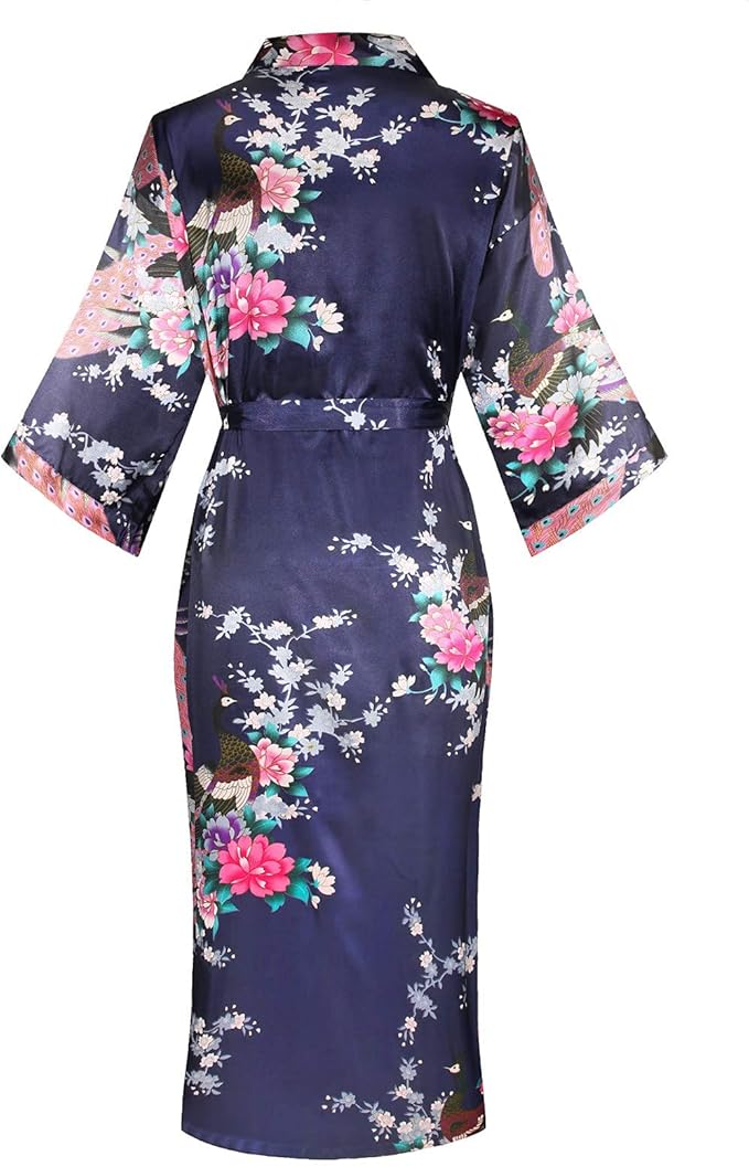 Valennia Women Long Silky Bathrobe Satin Kimono Robe Floral Printed Dressing Gown Sleepwear