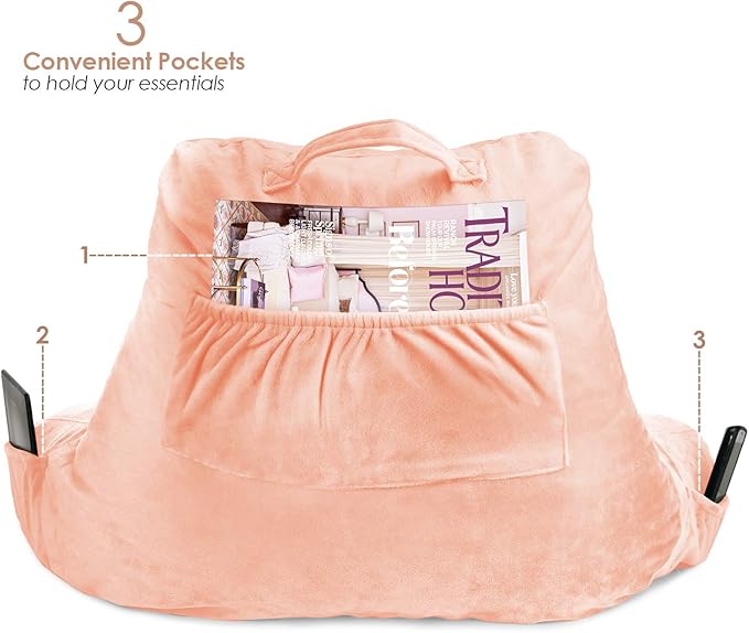 Clara Clark Reading Pillow for Kids & Teens with Shredded Memory Foam, Backrest Pillows for Reading, Watching, and Gaming, Use on The Couch, Bed, or Floor, Adjustable Support, Washable Cover Peach