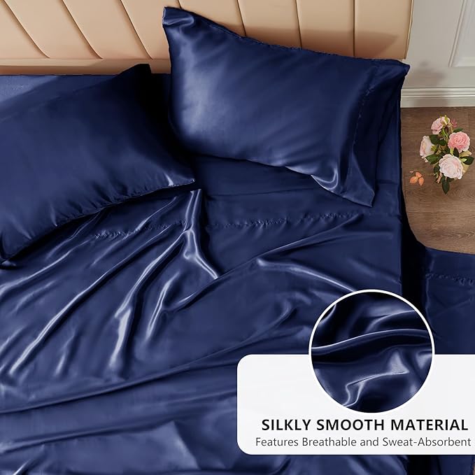 CozyLux Satin Sheets Full Size Sheets - 4 Piece Silky Full Size Bed Sheets, Luxury Navy Blue Full Bed Set with Smooth and Soft Microfiber, Includes 1 Fitted Sheet, 1 Flat Sheet and 2 Pillowcases