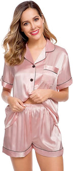 LecGee Womens Silk Satin Pajamas Short Sleeve Loungewear Two-Piece Sleepwear Button-Down Pj Set