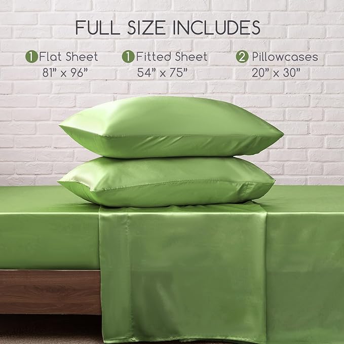 MR&HM Satin Bed Sheets, Full Size Sheets Set, 4 Pcs Silky Bedding Set with 15 Inches Deep Pocket for Mattress (Full, Sage)