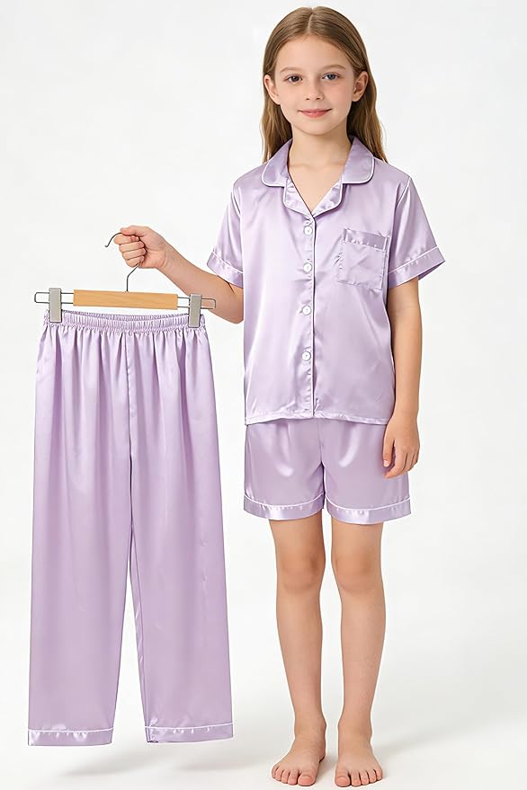 Hupohoi Unisex Girls Boys Kids Pajama Sets Button Down Satin Sleepwear Nighty 3PCS Silky Lounge Sets Nightwear