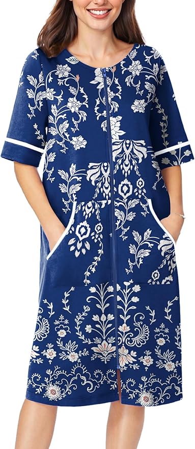 Ekouaer Women Zipper Robe Short Sleeve Duster Housecoat Short Bathrobes Zip Front Nightgown with Pockets S-3XL