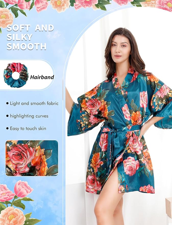 EPLAZA Silk Robes for Women Satin Robe Short Sexy Print Flower Kimono Loungewear Wedding Bridal Party