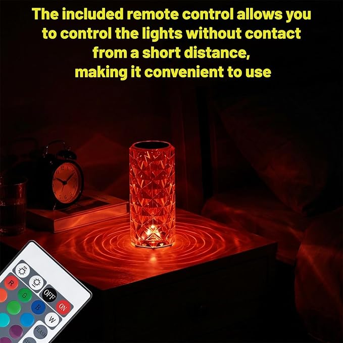16 Colors Rose Rays Crystal Diamond Table Lamp, Touch Control Acrylic Column Light with Remote, Type-C Rechargeable, 360 Degree Transparent Shade for Bedroom Desk Décor (3, Large)