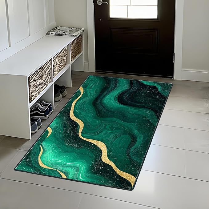 Green Marble Area Rug 2x3 ft Entry Rug Washable Boho Rugs Non Slip Low Pile Floral Door Mat Small Carpet for Bedroom, Bedside, Kids Room, Office, Dining Room