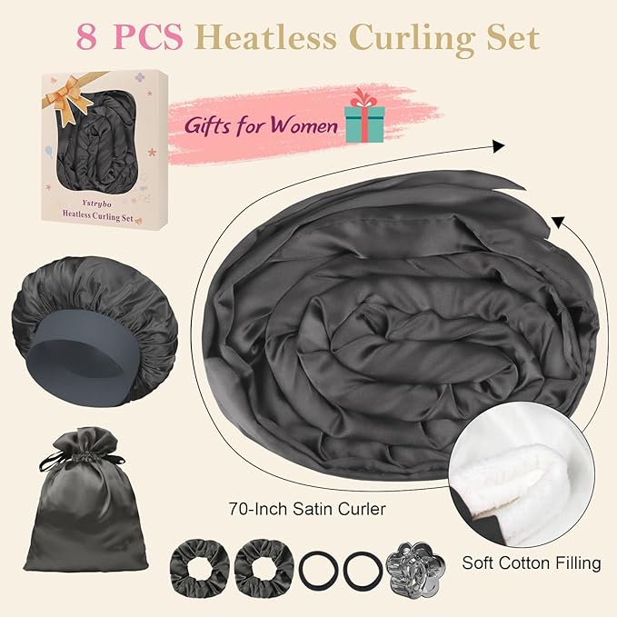 Satin Heatless Hair Curler Curls Overnight Hair Curlers to Sleep in, Hair Curlers No Heat Curls Overnight, Heatless Curling Set for Women Long Hair - 8 Pcs (Dark Gray)