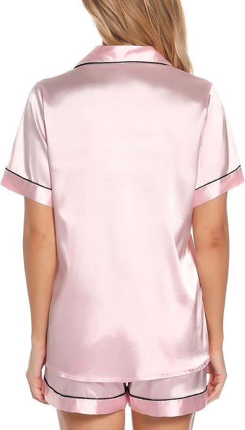 Samring Women's Silk Satin Pajamas Set Short Sleeve Sleepwear Two Piece Button Down Pj Set with Pockets S-XXL