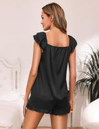 Satin Pajama Set for Women 2 Piece Silk Pjs Ruffle Sleeve Top and Shorts Cute Bridal Sleepwear Set S-XXL