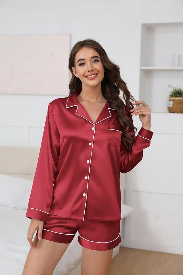 Ekouaer Satin Pajama Set for Women Button Down Pj Set Long Sleeve Top and Shorts 2 Piece Loungewear Summer Soft Sleepwear