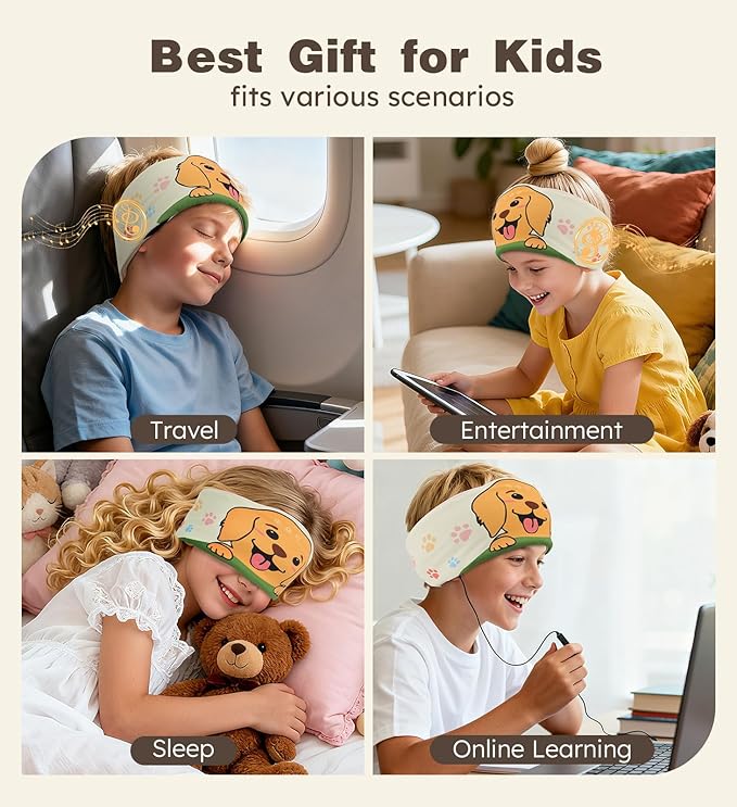 Toddler Headband Headphones Wireless, Kids Bluetooth Earphones for iPad, Safe Volume - Wired School Headphones with 3.5 MM Jack, Sleep Mask for Kids, Travel Accessories Gift for Boys & Girls (Dog)