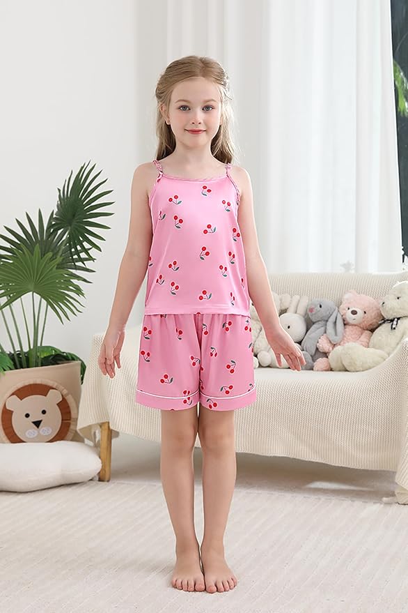 Weixinbuy Girls Pajamas Silk PJS Set Sleeveless Pajama Tank Elastic Waist Shorts Sleepwear Kids Summer Nightwear Clothes Set