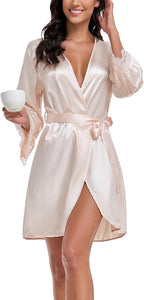 Lace Trim Satin Robes for Women Bride Bridesmaid Silky Kimono Robe Valentines Lingerie with Bell Sleeves