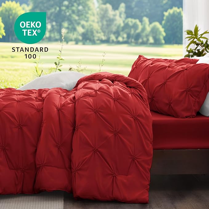 BEDELITE Red King Size Comforter Set - 3 Pieces Boho Pintuck Bedding Comforter Sets, Lightweight Soft & Warm King Bedding Set with 2 Pillowcases for All Season