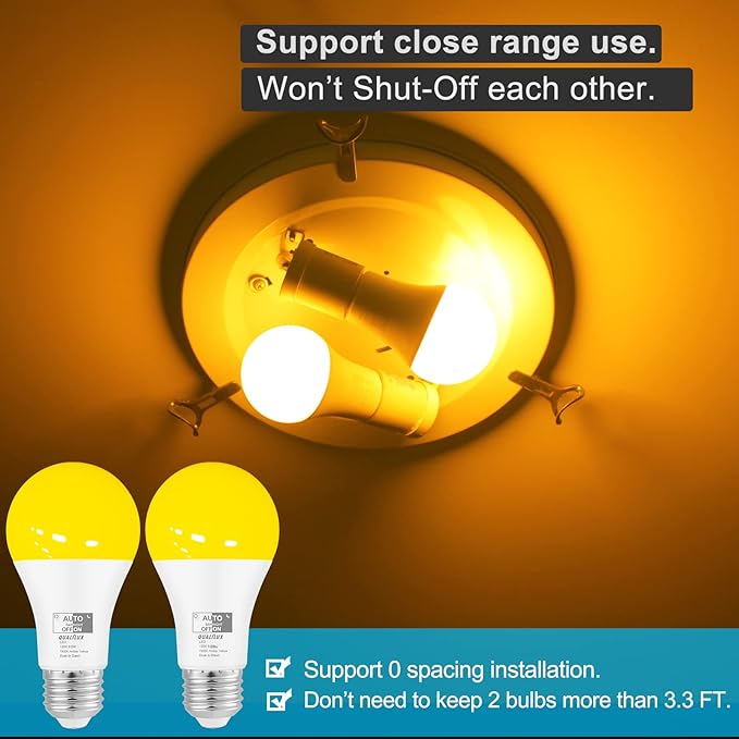 Qualilux Dusk to Dawn Bug Light Bulbs Outdoor, 1900K Amber Yellow, 600 Lumen, LED 9.5W, A19 E26, 2-Pack, HQ-H017
