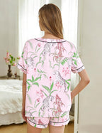 ASTANFY Valentines Day Pajamas Women 2 Piece Silk Valentine Pjs Cute Heart Pajamas V Neck Satin Sleepwear Loungewear Set
