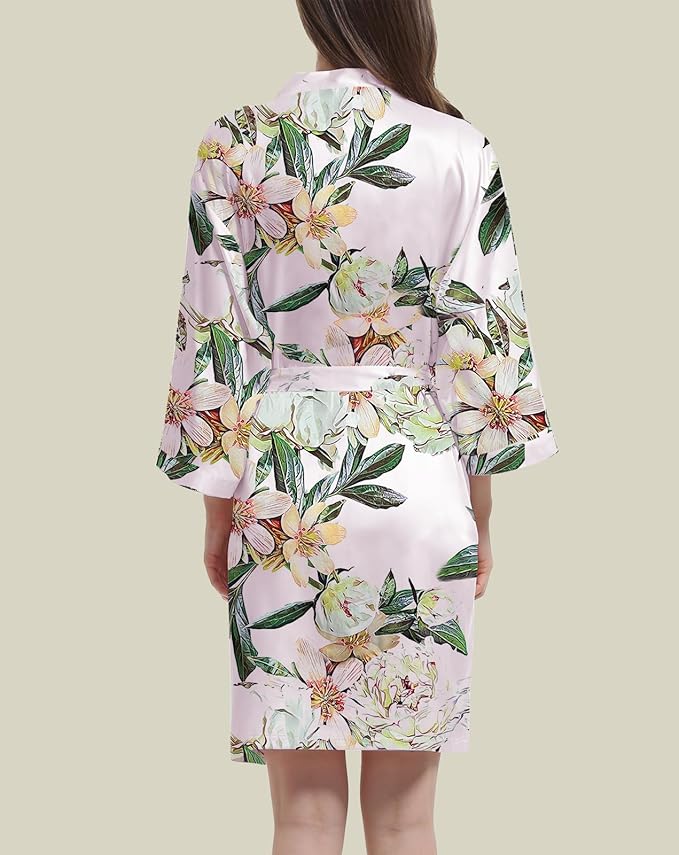 WJing Yi Jia Womens Satin Kimono Robe Silky Robes Floral Bathrobe Bride Bridesmaid Wedding Bridal Dressing Gown Loungewear