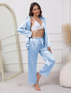 Ekouaer Pajamas For Women Set Silk Pjs 2 Piece Satin Sleepwear Long Sleeve Button Down Lounge Sets With Pant
