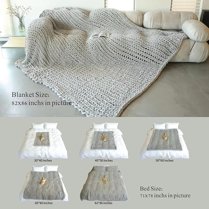 Maetoow Chenille Chunky Knit Blanket Throw （82×86 Inch）, Handmade Warm & Cozy Blanket Couch, Bed, Home Decor, Soft Breathable Fleece Banket, Christmas Thick and Giant Yarn Throws, Light Pink