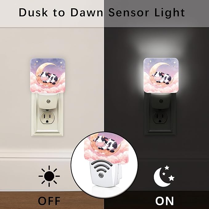 Cow Night Lights Plug Into Wall, Cute Fanciful Moon Clouds Summer Peach Automatic Plug in Night Lights with Sensor for Living Room Family Room Bedroom Decor 2pcs