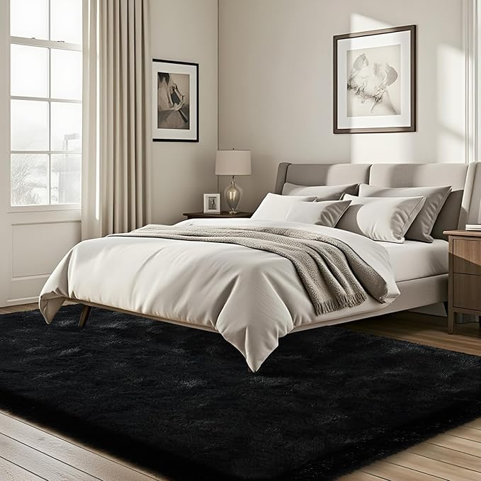 ISEAU Area Rugs 8x10 Feet for Living Room Rugs, Ultra Soft Fluffy Black Rugs for Bedroom, Non-Slip Modern Large Shag Bedroom Rug for Kids Room Dorm Home Decor
