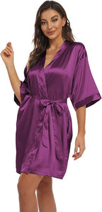 Women's Pure Short Kimono Robes Bride Bridesmaids Silky Bathrobe Lightweight Satin Sleepwear