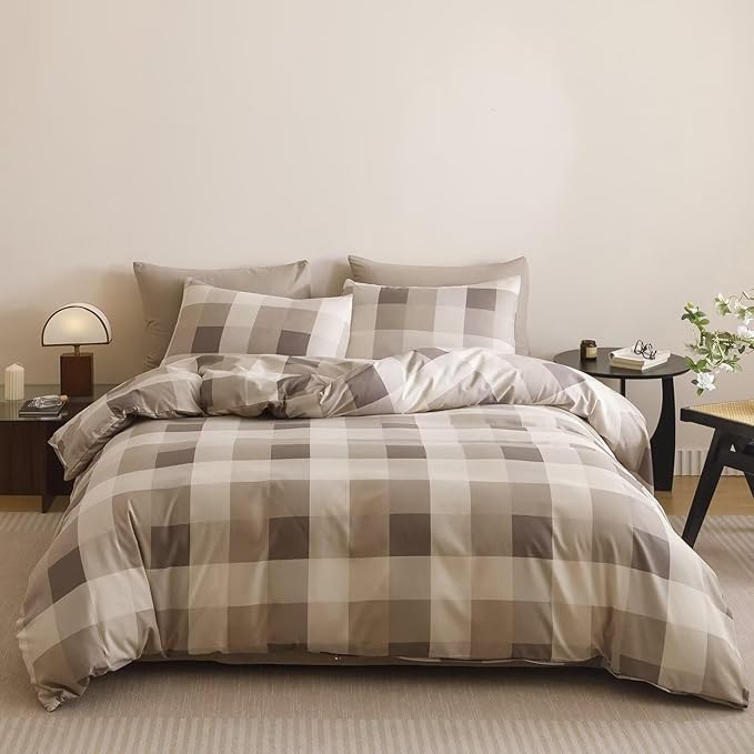 Luxlovery Checkered Beige Khaki Comforter Set Twin Gingham Plaid Comforter Teens Kids Bedding Set Fluffy Soft Grid Khaki and Red Blanket Quilts with 2 Pillowcases