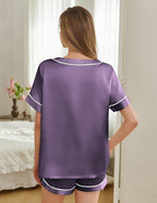 Silk Pajamas for Women Short Sleeve Satin 2 Piece Pj Set Soft V Neck Sleepwear Loungewear, S-XXL