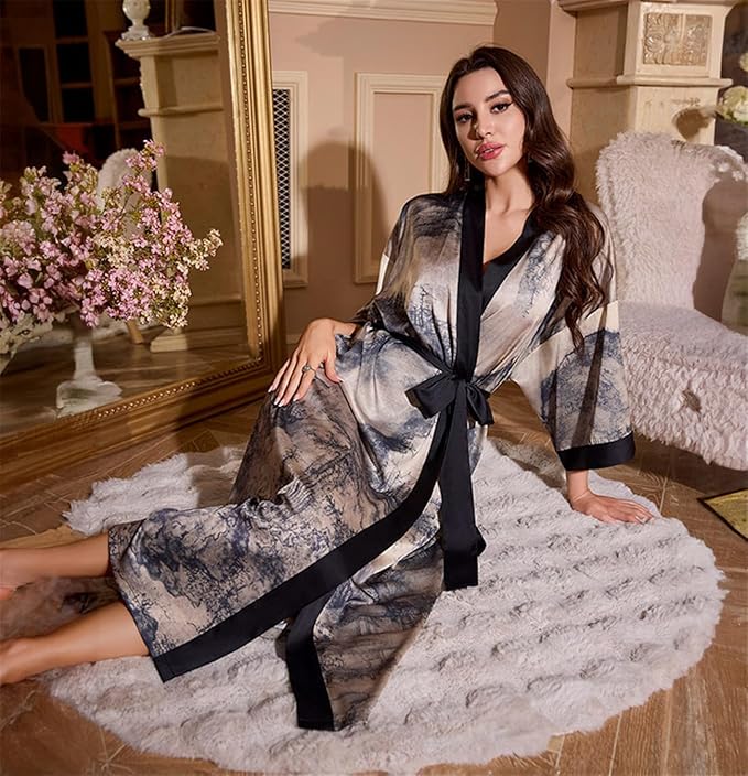 Kihnop Women's Floral Long Kimono Robe Long Satin Robe Long Silk Robe Ladies Kimonos Silky Bathrobe Cover Up, One Size