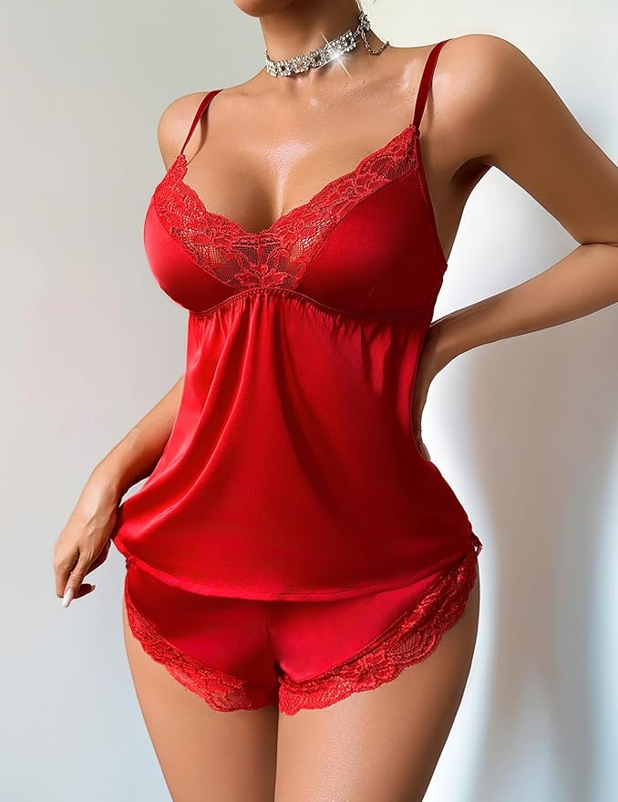 Avidlove Satin Pajamas Set Womens Lace Sleepwear Sexy Lingerie Cami Shorts Set S-XXL