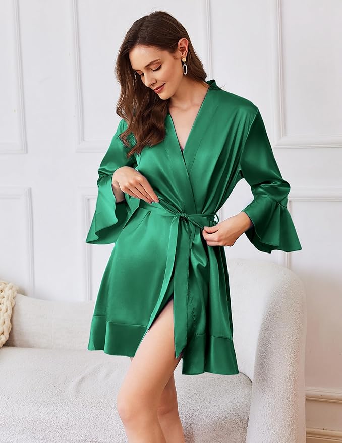 Ekouaer Women's Satin Robe Short Ruffle Hem Silky Robes Lightweight Kimono Brides Bathrobes Sleepwear XS-XXL