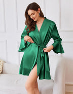 Ekouaer Women's Satin Robe Short Ruffle Hem Silky Robes Lightweight Kimono Brides Bathrobes Sleepwear XS-XXL