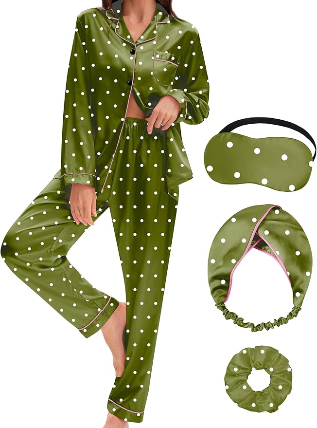 EPLAZA Silk Pajamas for Women Satin Pajamas Set 5 Pcs Long Sleeve Print Pattern Button Down Pjs Sleepwear Loungewear Set
