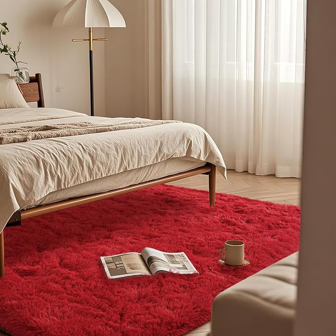 Large Soft Fluffy Rugs for Living Room, 6x9 Feet, Red Faux Fur Area Rug - Plush Non-Slip Shag Shaggy Carpet for Bedroom, Kids Boys Girls Dorm Nursery Room