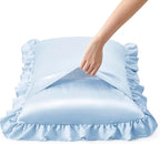 Light Blue Satin Ruffled Pillow Cases for Hair and Skin,Light Blue Silk Pillowcases Standard Set of 2 with Envelope Closure Princess Room Decoration